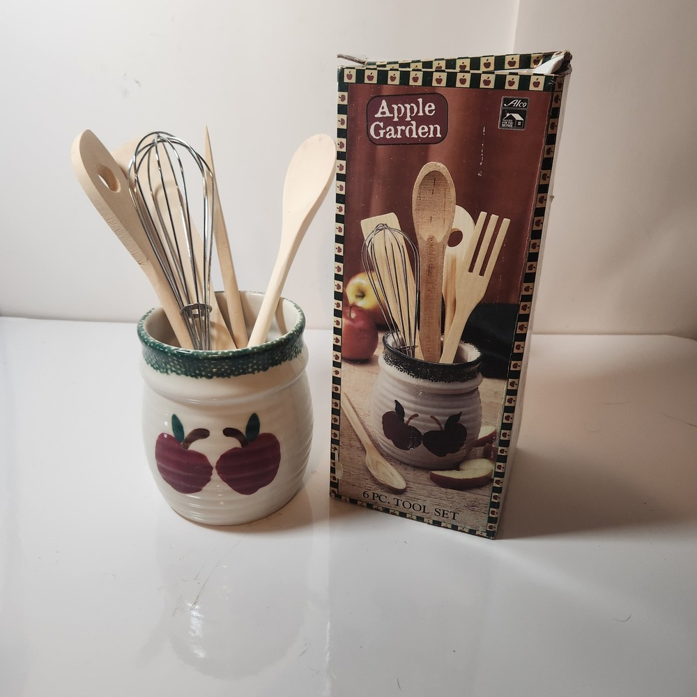 Vintage Apple Garden Alco 6 Piece Kitchen Tool Set Ceramic Crock Wooden Utensils